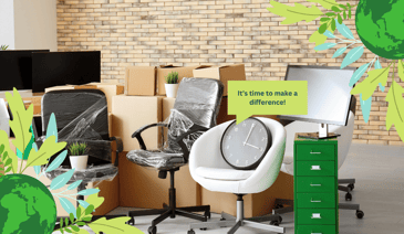 Office space filled with a variety of office furniture, carefully packed in boxes and secured with cling wrap.