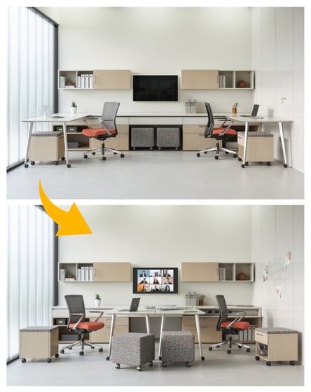 Office space featuring two scenes: one set up for focused work and the other configured for collaboration.