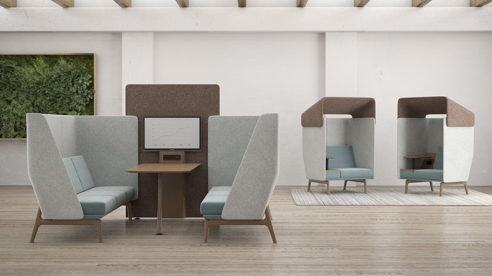 Office furnishing with worktables, privacy screens, and seating that can be used for both focused work and collaboration.
