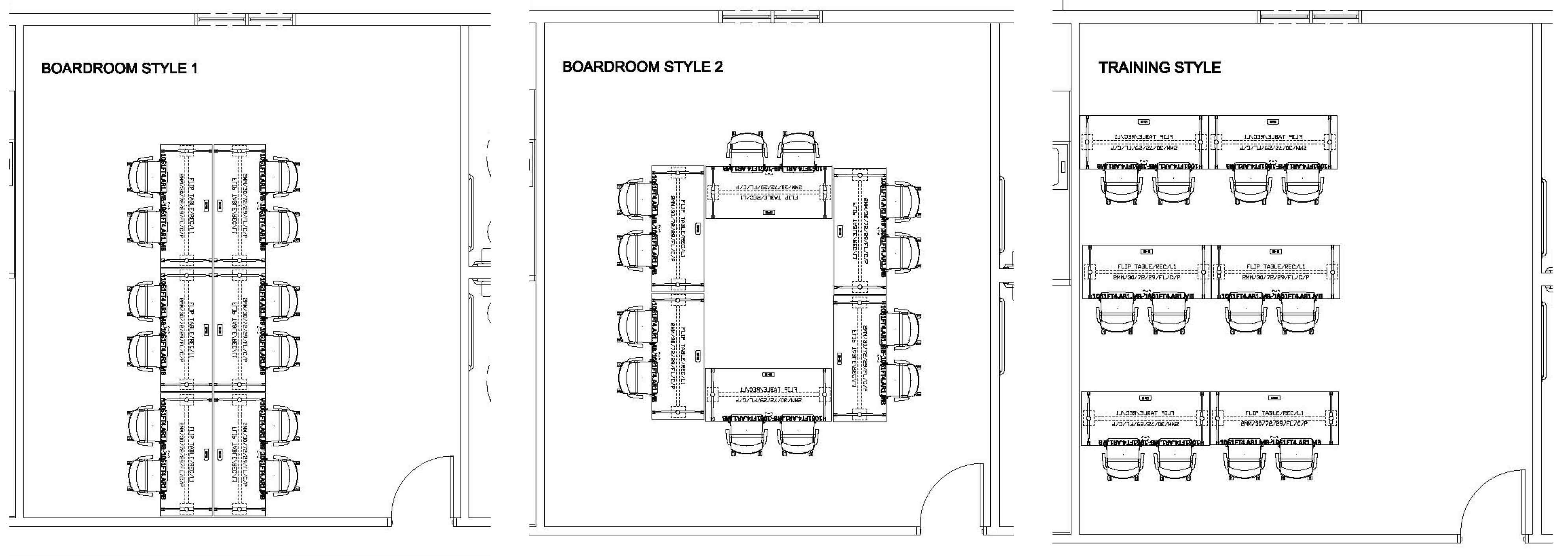A floor plan featuring one meeting room with adaptable furnishings that's configurable for different employee layout needs.