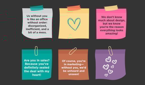 Six sticky notes with different colors showing workplace appreciation messages and puns.