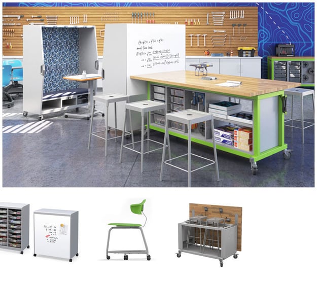 Modern makerspace with workbenches, stools, and organized tools. Includes images of a storage unit, mobile cabinet, chair, and tool station.