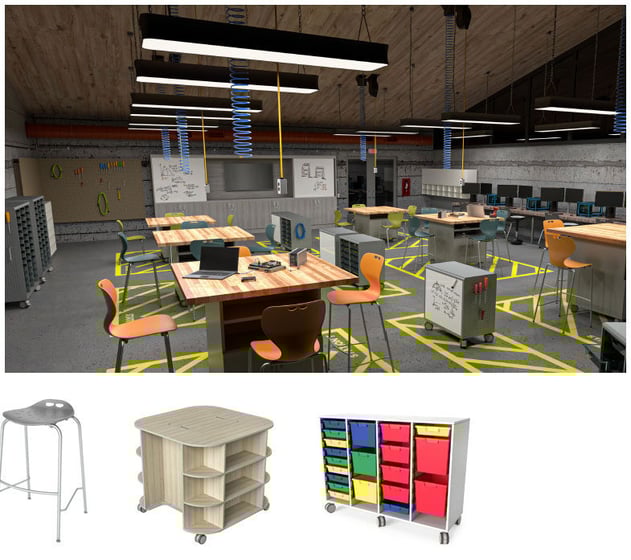 Modern makerspace with workbenches, stools, organized tools, and whiteboards. Includes images of a storage unit, mobile cabinet, chair, and stool.