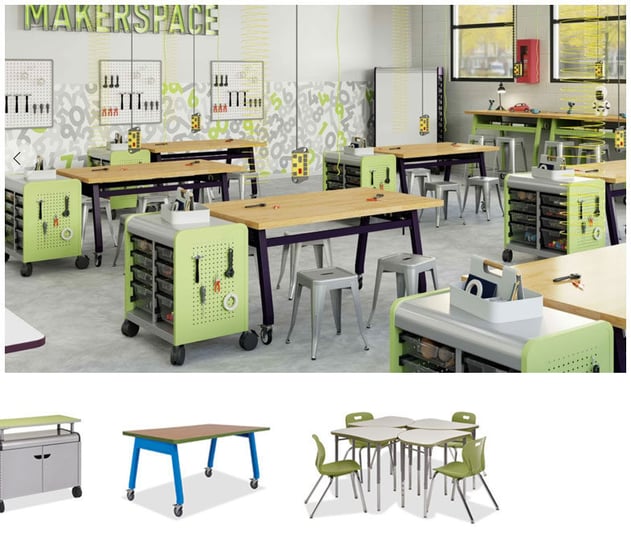 Modern makerspace with workbenches, stools, and organized tools. Includes images of a storage unit, movable tables, and reconfigurable chairs and tables.