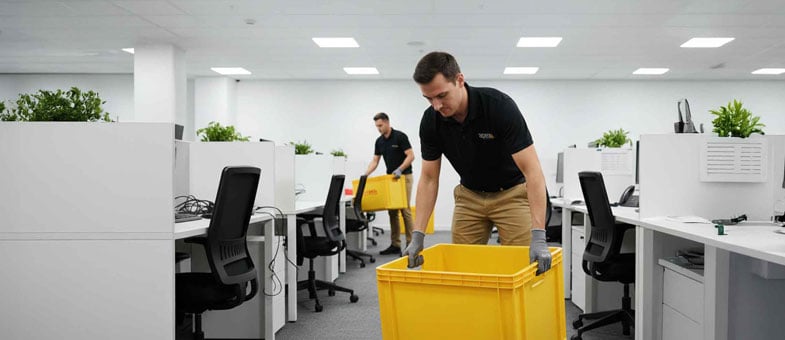Professional movers organizing equipment during an office relocation.
