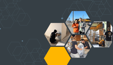 A collage of work and employee photos arranged in hexagonal frames on a dark background with one orange hexagon.