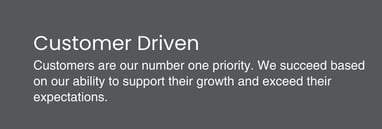 A text box contains a company value statement titled "Customer Driven," which reads: "Customers are our number one priority. We succeed based on our ability to support their growth and exceed their expectations.
