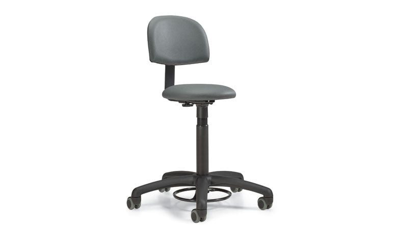 Foot Activated Stool by Global, featuring a simple, ergonomic design with a cushioned backrest and seat, ideal for hands-free height adjustments in lab environments.