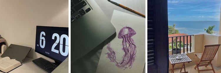 A collage showing a laptop display, a jellyfish illustration, and an ocean view from a balcony.