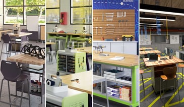 Modern makerspaces with various tools, workbenches, and seating, designed for creativity and innovation.