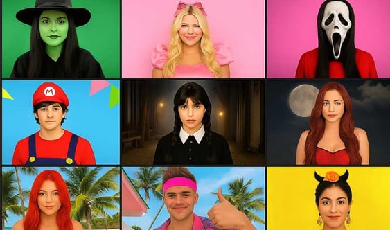 Grid of people in various Halloween costumes including witch, princess, Ghostface, Mario, Wednesday Addams, and devil.