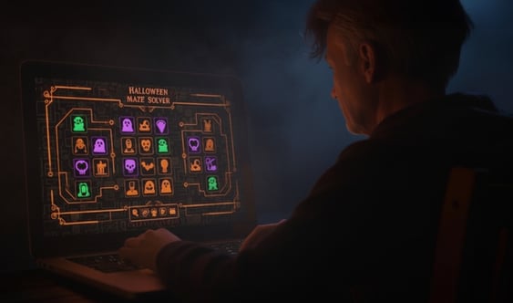 Person playing a Halloween-themed maze puzzle game on a computer screen.