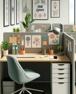 An office setup with a grey desk, ergonomic chair, and botanical artwork on the walls.