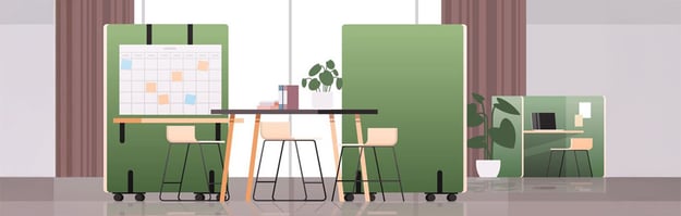 Modern collaboration area with high table, stools, mobile whiteboards, and green partitions, complemented by potted plants.