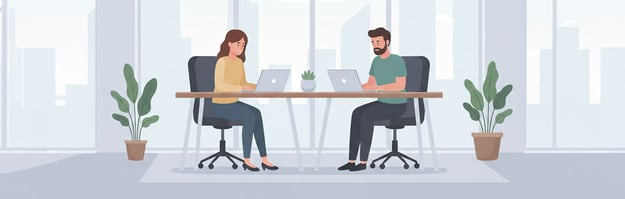 Two professionals working at desks in modern office with plants.
