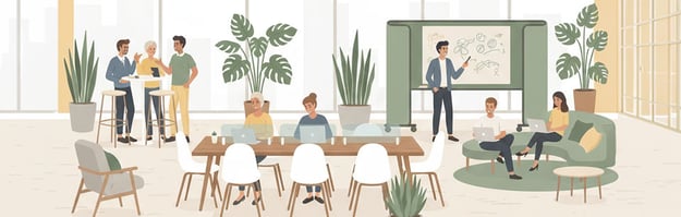 Collaborative office space with team meeting, lounge seating, and presentation area.