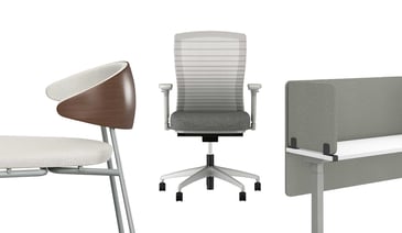 A close-up display of modern office furniture, including a stylish wooden chair, ergonomic office chair, and privacy desk divider.