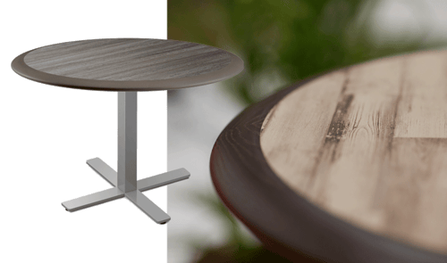 SurfaceWorks round table with Purewood edge texture top and silver x-base, with a close-up of the wood grain detail.