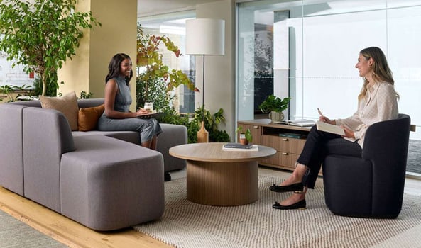 wo women having a casual meeting in a modern office lounge area with soft, comfortable seating and plants.