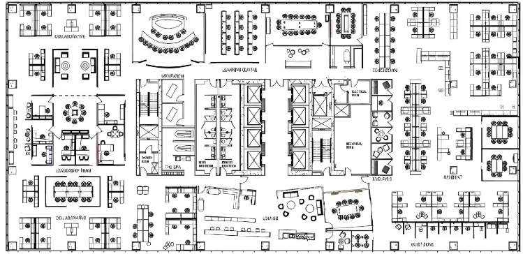 A detailed office floor plan showing workstations, meeting rooms, collaborative spaces, and a central core with utilities