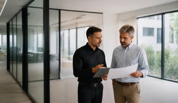 Two professionals reviewing project plans together in a modern glass-walled office space.