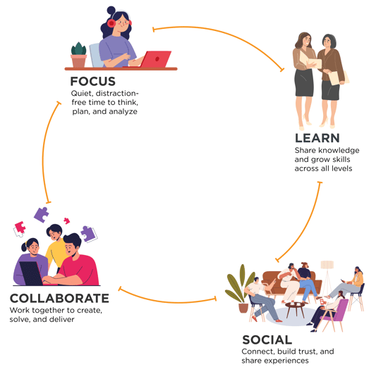 Circular diagram showing four stages of workplace interaction: Focus, Learn, Social, and Collaborate..