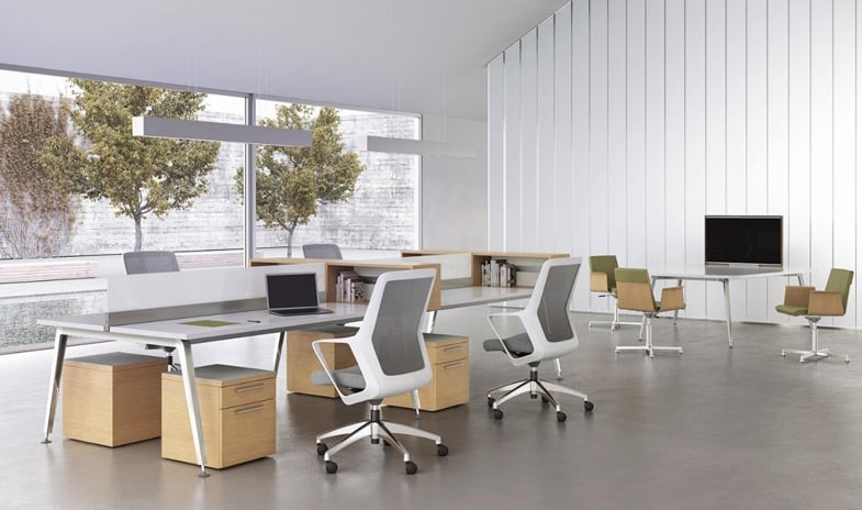 An organized workspace with modern chairs, neatly arranged for a productive and comfortable environment.