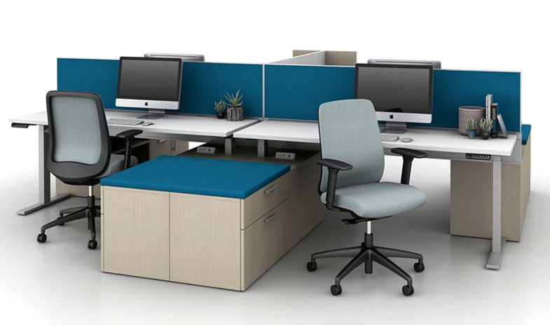 Office workspace with two distinct work areas in a cohesive blue branding color scheme, featuring benching-style desks with integrated storage units at the bottom for a modern and organized design.