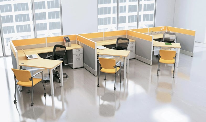 An office workspace featuring three vibrant yellow cubicles with modern, comfortable furnishings.