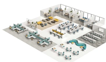 A 3D-rendered modern office layout with open workstations, private offices, and collaborative seating areas.